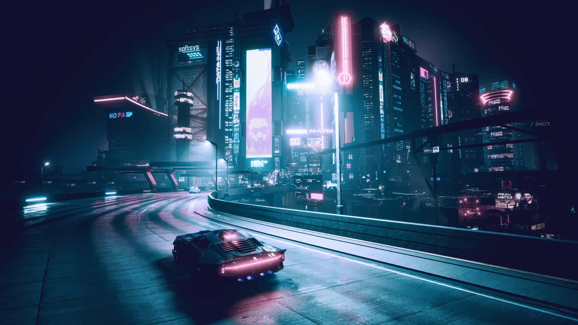  壁紙 — 一輛發光的賽博龐克跑車在夜晚穿過霓虹燈閃爍的未來城市景觀。