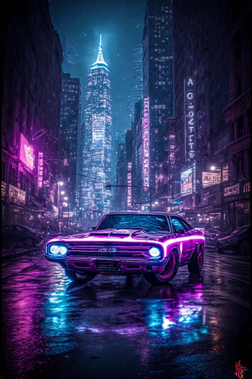 夜晚潮濕霓虹燈街道上的紫色肌肉車，背景有摩天大樓 — 4K 壁紙