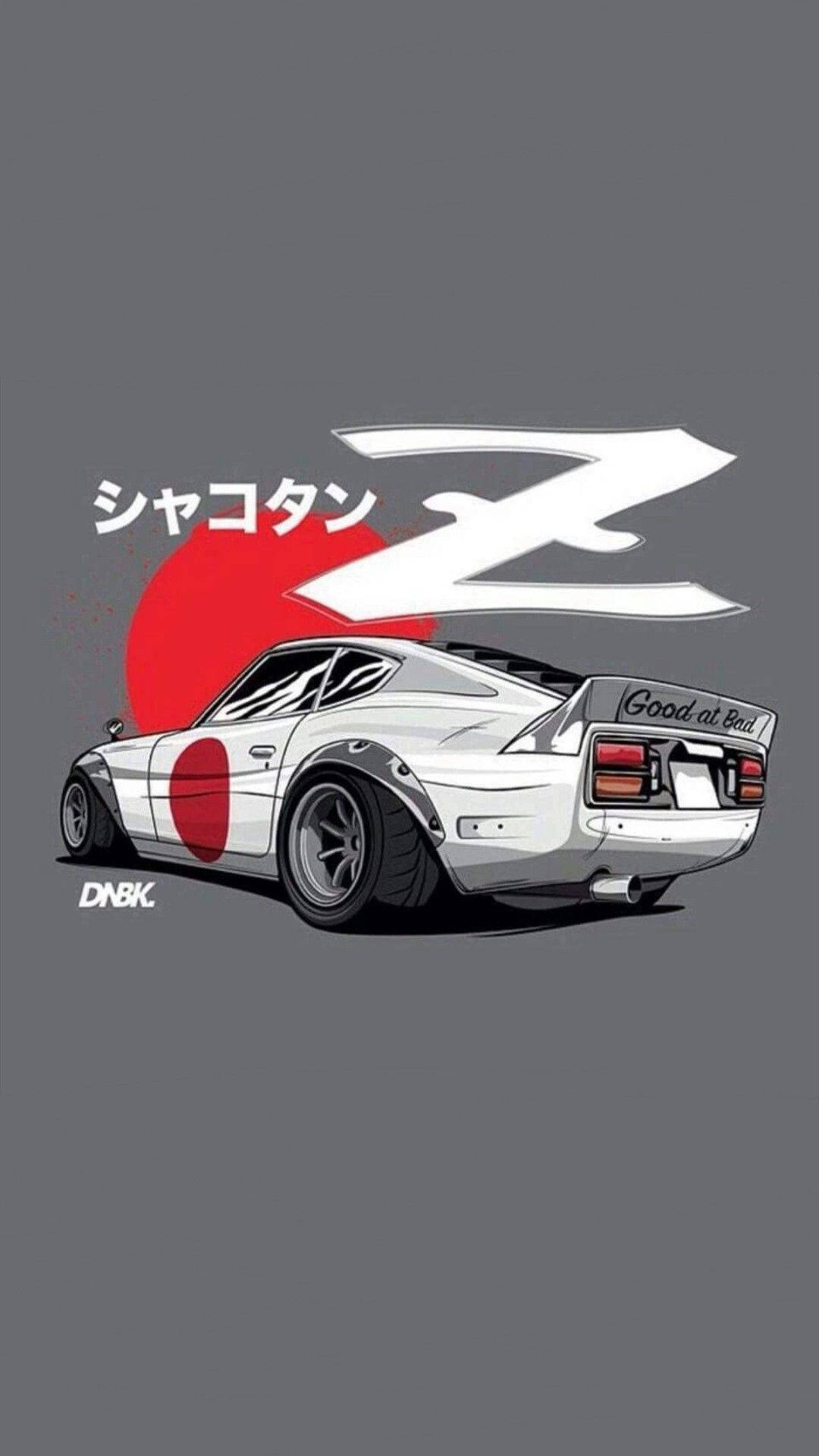 白色日產Z跑車，帶有紅色圓形和日文字，背景為灰色。 — 日式美學 iPhone 壁紙 壁紙