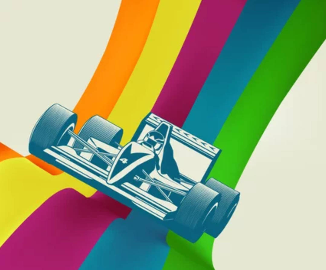 藍色賽車穿過色彩繽紛的彩虹條紋。 — F1 壁紙