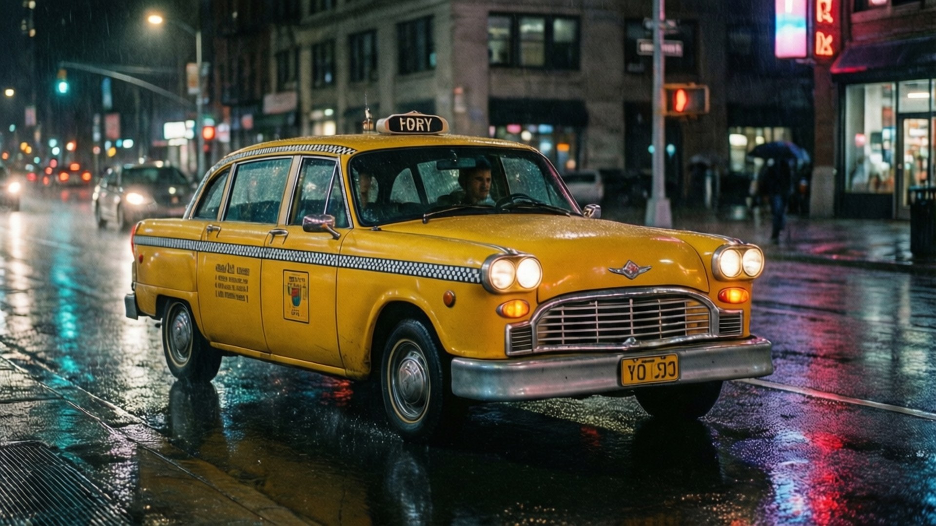 Yellow Taxi Night 壁紙 — 一輛復古黃色計程車在夜間滑過被雨水浸濕的城市街道，霓虹燈光反射在潮濕的路面上。