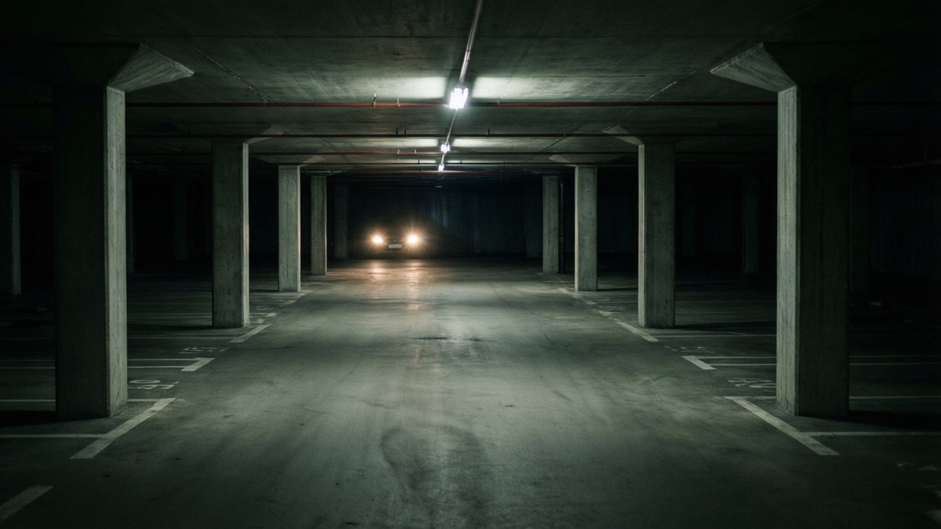 Parking Garage Pillars 壁紙 — 一輛孤獨的汽車車頭燈刺穿空蕩蕩的混凝土停車場的黑暗，頭頂上是刺眼的螢光燈。