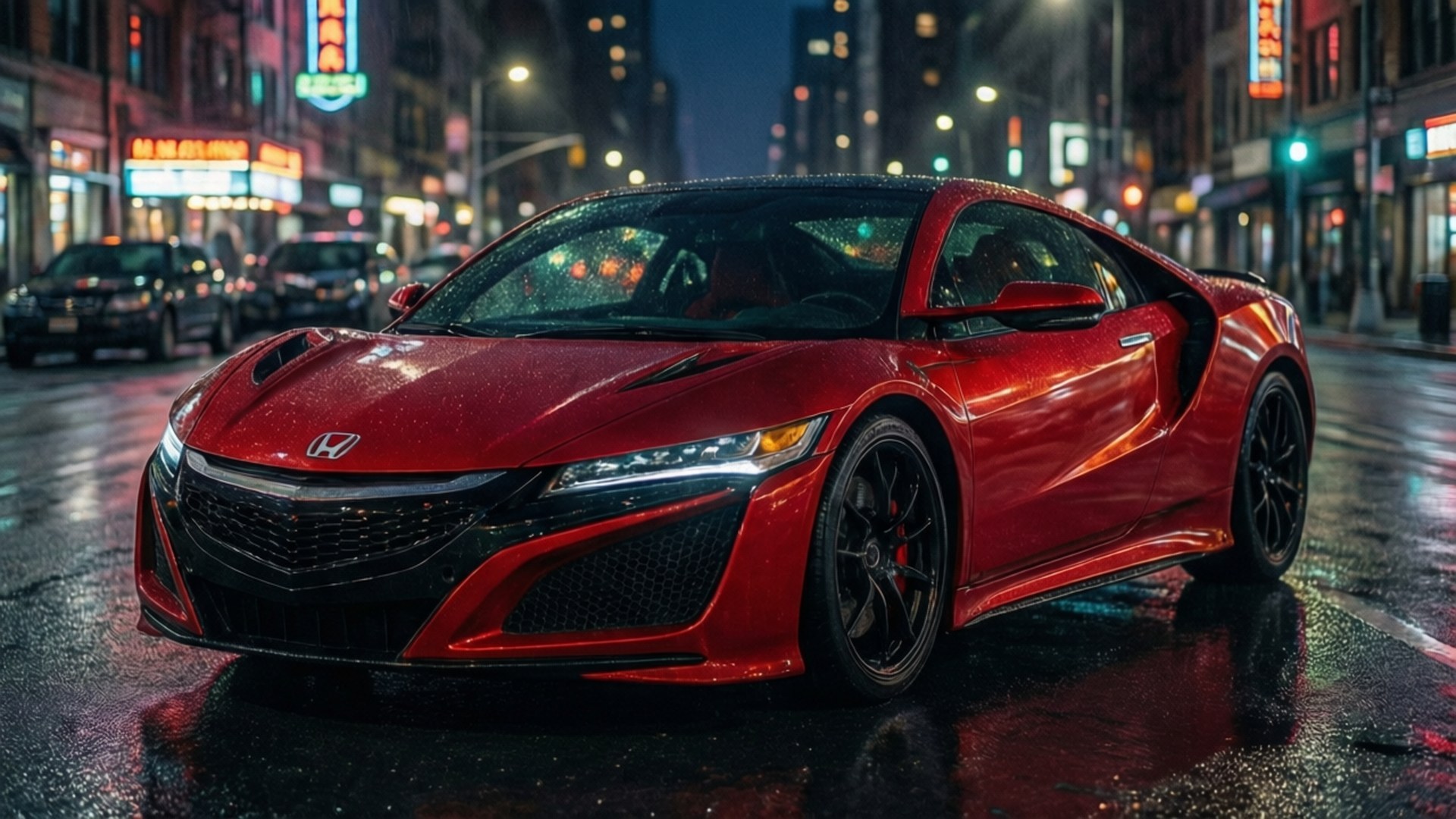 Red NSX Night Glow 壁紙 — 一輛光亮的紅色本田NSX跑車在夜間濕漉漉的城市街道上，在霓虹燈下閃閃發光。