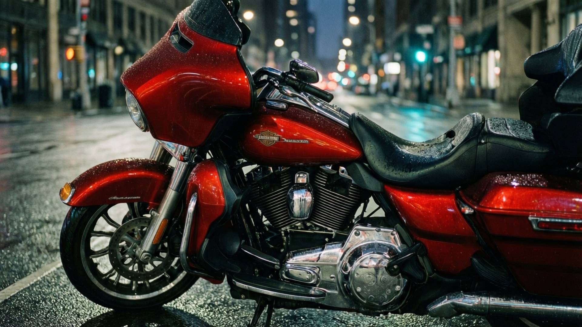 Night City Reflection 壁紙 — 一輛光亮的紅色Harley-Davidson摩托車在雨滴中閃閃發光，停在夜晚濕漉漉的城市街道上。