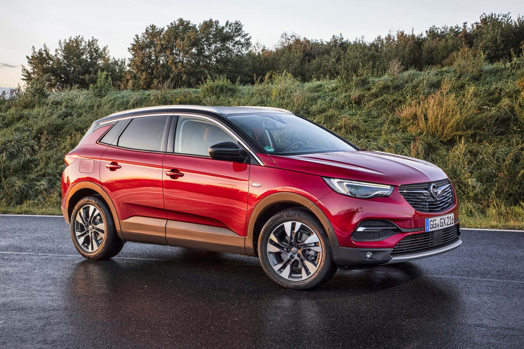 Opel Grandland X 桌布 壁紙 — 一輛光亮的紅色Opel Mokka X SUV在黃金時段停泊在潮濕的瀝青路上，旁邊是茂密的綠色籬笆。
