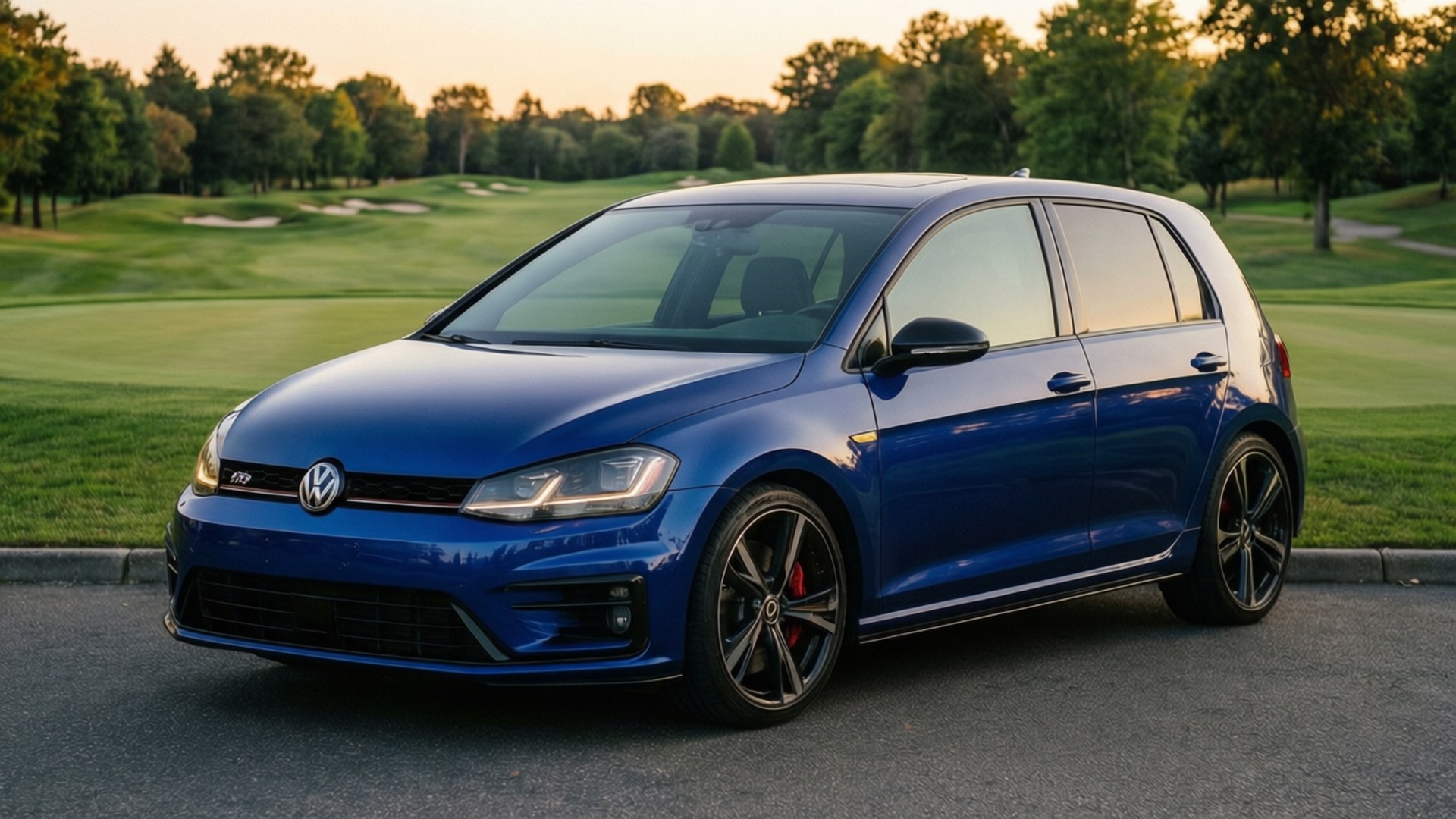 Golf R at the Course 壁紙 — 一輛光亮的藍色福斯 Golf R 停在柏油路上，旁邊是翠綠的高爾夫球場，正值黃金時刻。
