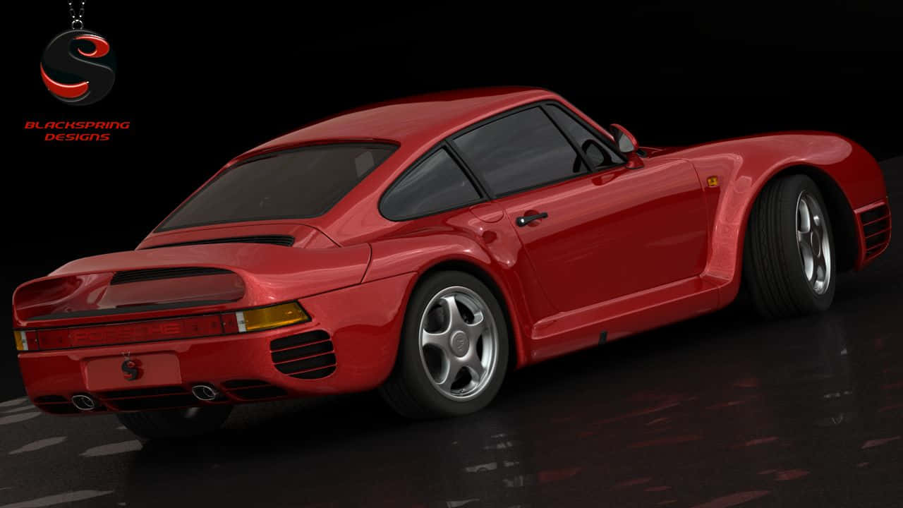 Porsche 959 桌布 壁紙 — 一輛光澤的紅色保時捷959跑車在黑色背景和反光地板的攝影棚燈光下閃耀。