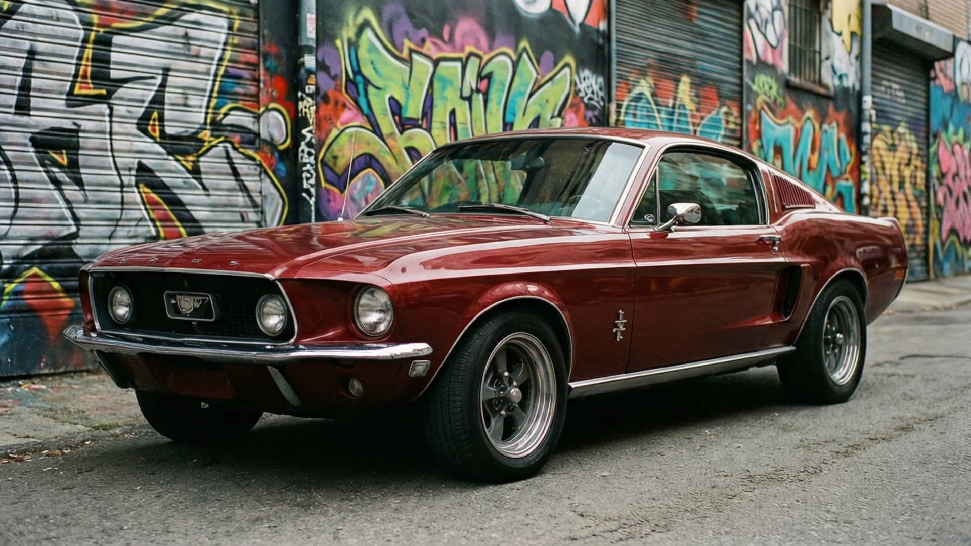 Urban Art Classic 壁紙 — 一輛光澤的紅色經典野馬肌肉車停在充滿活力的塗鴉金屬百葉窗前。