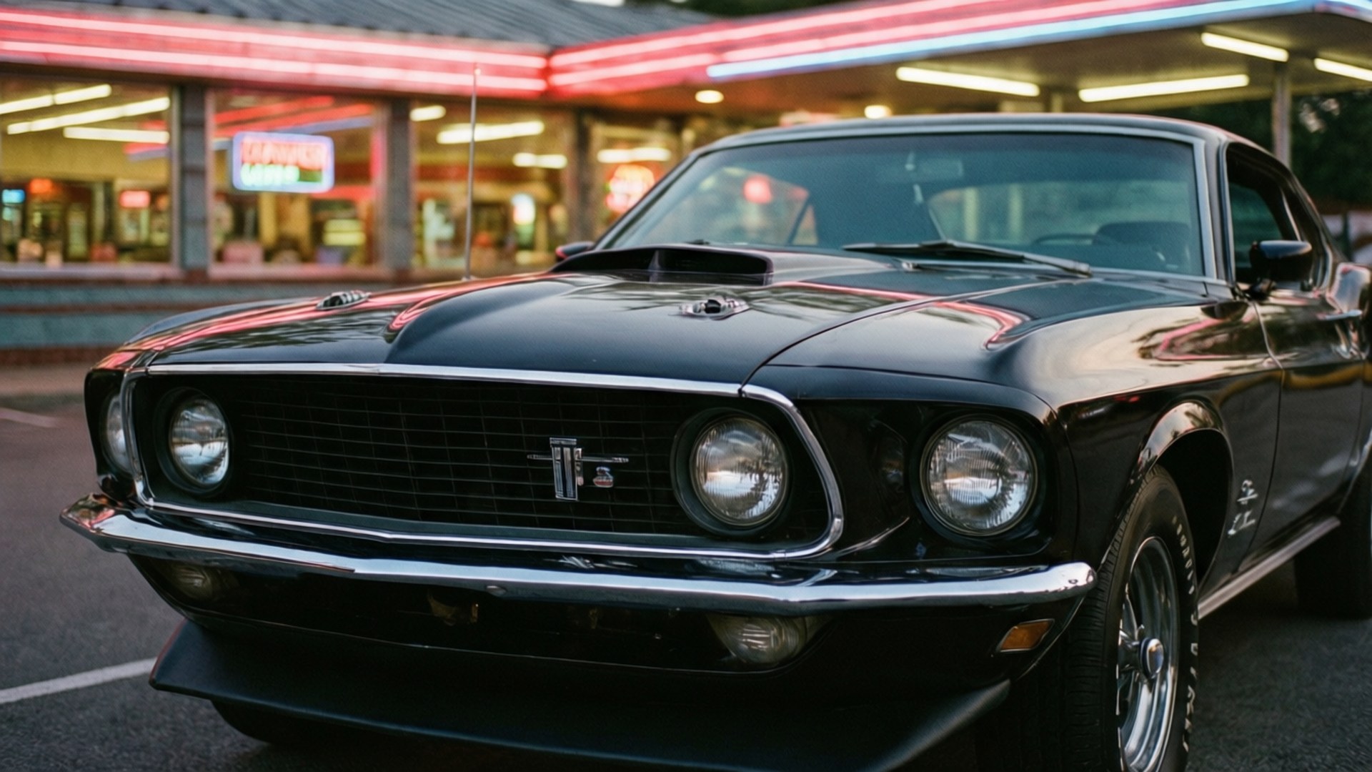 Muscle Car Diner Night 壁紙 — 一輛光澤黑色經典野馬肌肉車在黃昏時停在一間燈火通明的復古餐廳前。