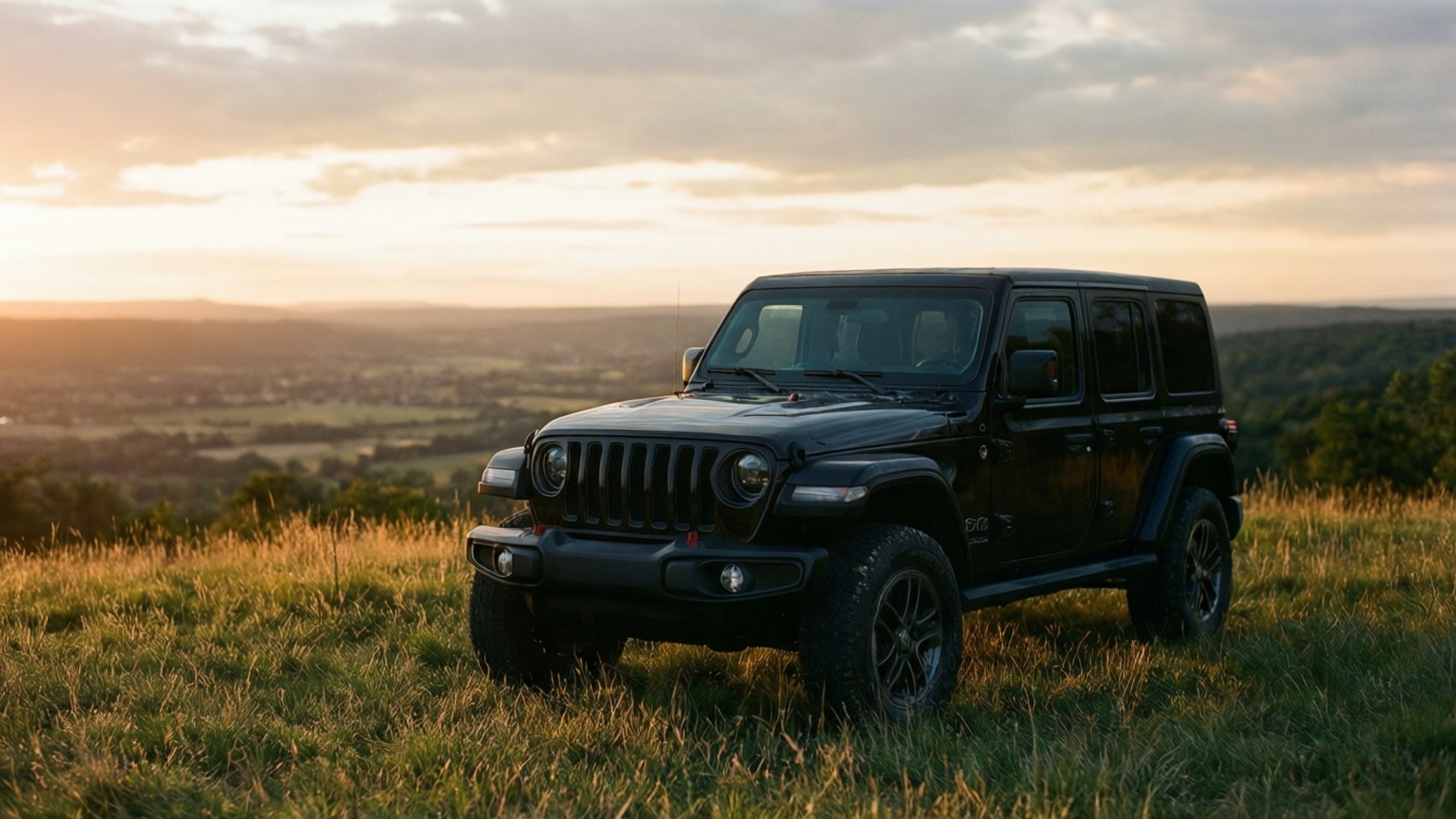 Hilltop Serenity 壁紙 — 一輛黑色Jeep Wrangler在日落時分站在長滿草的山頂上，俯瞰著一個廣闊的山谷，沐浴在金色的光芒中。
