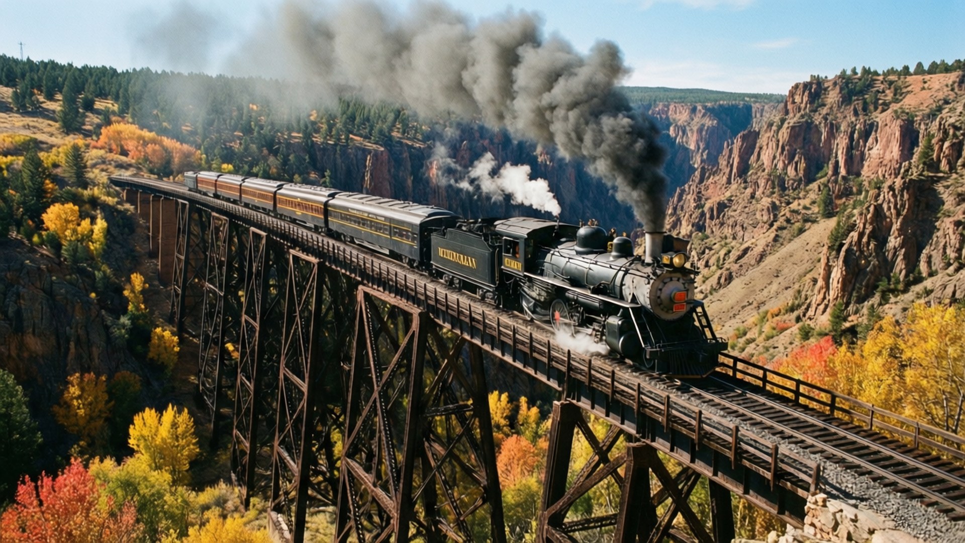 Durango Train Over Canyon 壁紙 — 一輛黑色蒸汽火車噴出煙霧，駛過一條生鏽的棧橋，橋下是秋葉環繞的峽谷。