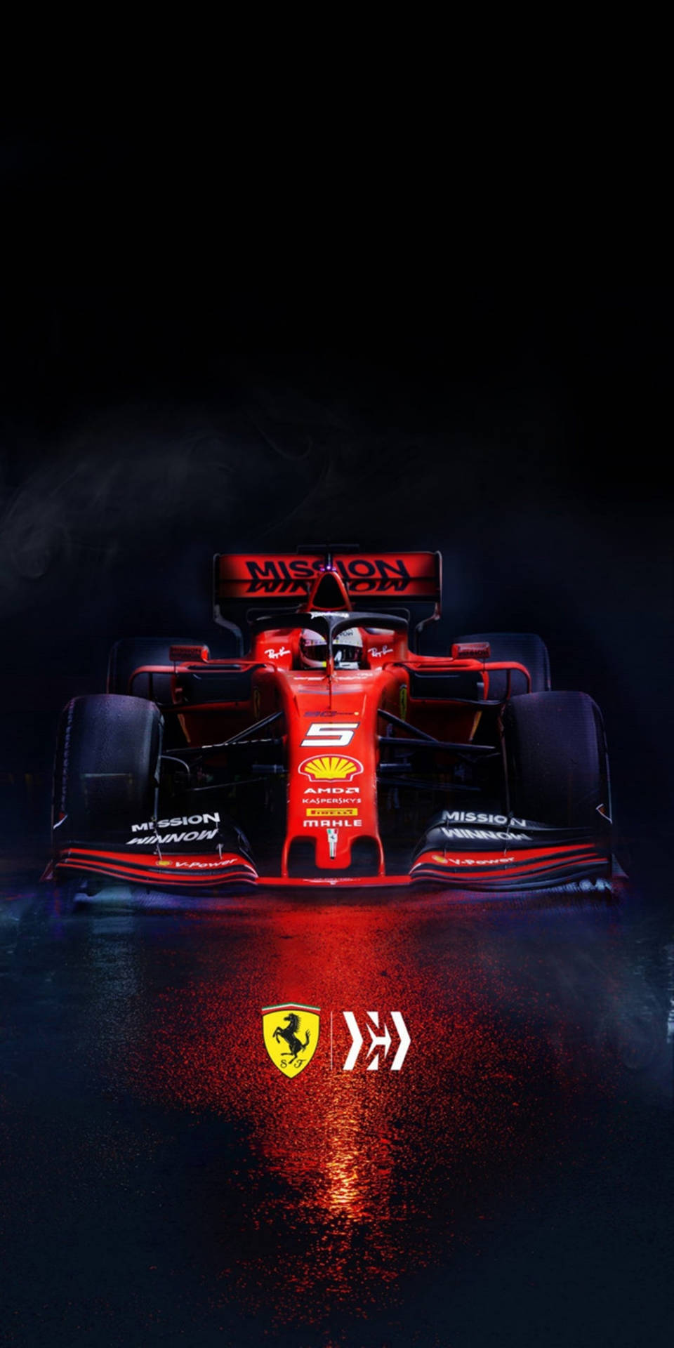 潮濕賽道上的紅色法拉利F1賽車，閃耀的燈光和煙霧 — F1 壁紙