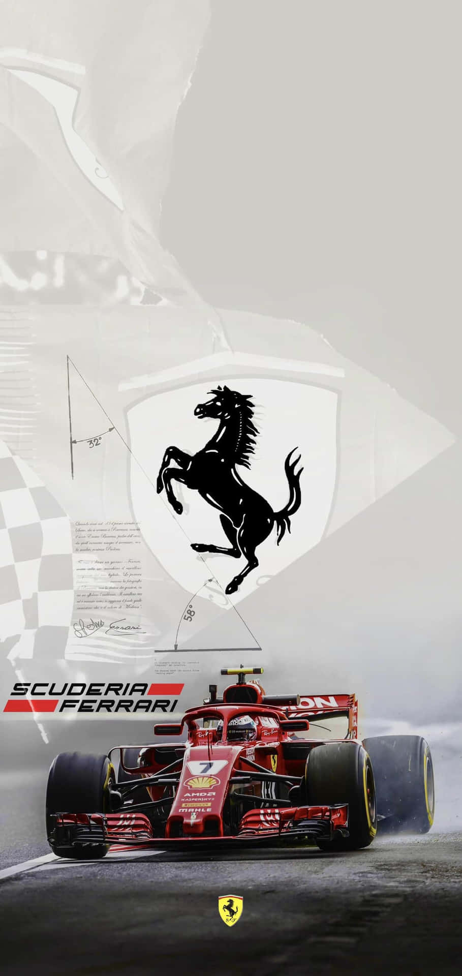  壁紙 — 一輛紅色法拉利F1賽車在賽道上疾馳，帶有Scuderia Ferrari標誌和格子旗的半透明疊加層。