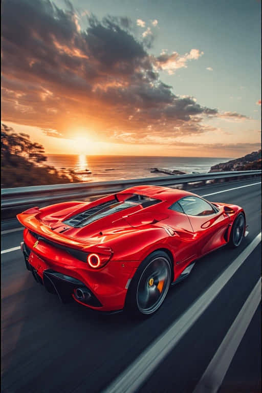 日落時分在海岸高速公路上飛馳的紅色法拉利SF90 Stradale — 4K 壁紙