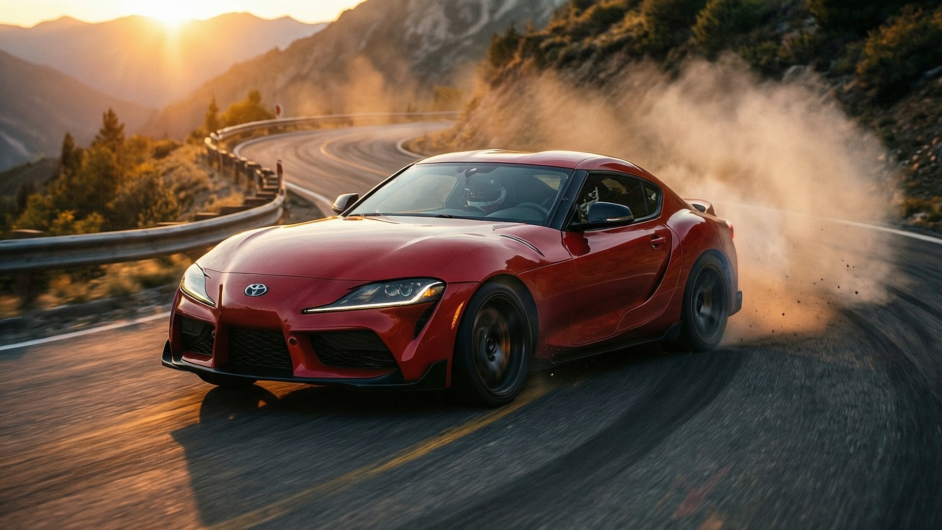 紅色豐田Supra在日落山路飄移揚起灰塵 — Toyota Supra 壁紙