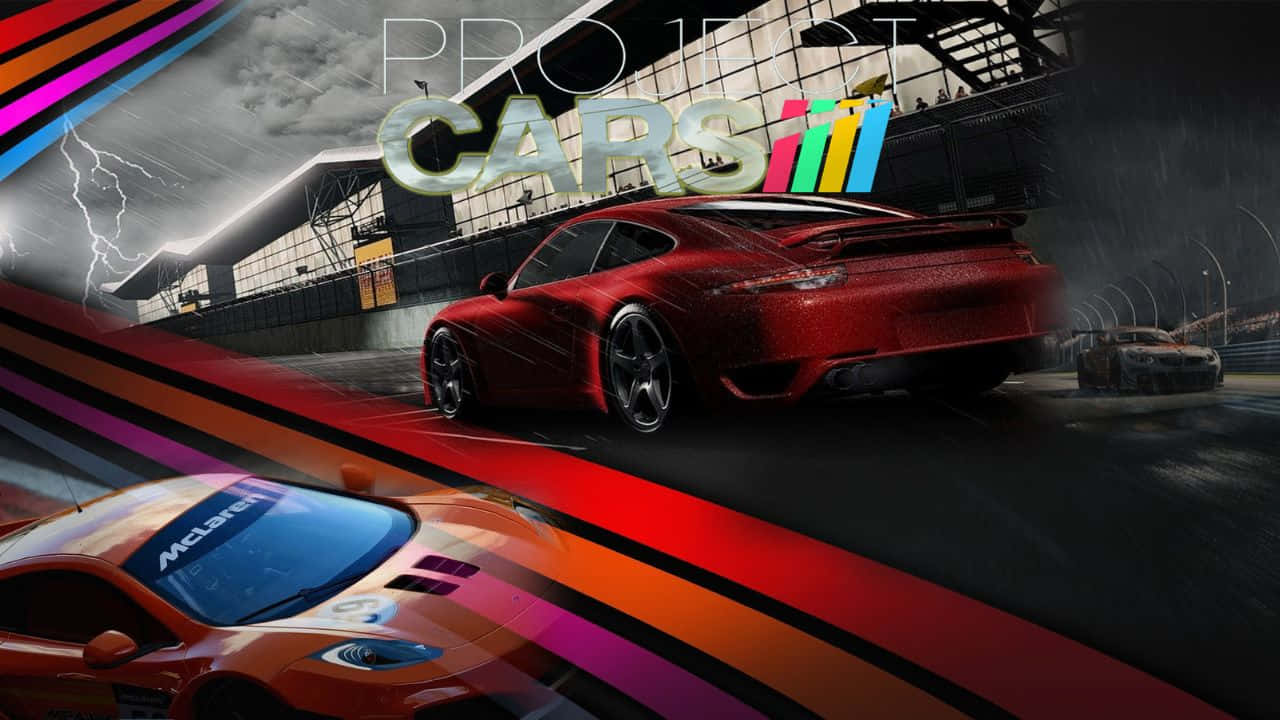 紅色和橙色的賽車在雷暴期間在潮濕的賽道上疾馳。 — Project Cars 2 壁紙