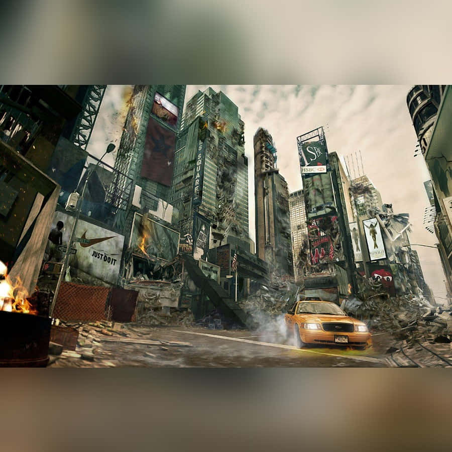 Godzilla City Destruction 桌布 壁紙 — 一輛黃色的士在廢墟般的城市峽谷中疾馳，摩天大樓倒塌，火焰在煙霧瀰漫的天空下舔舐著瓦礫。