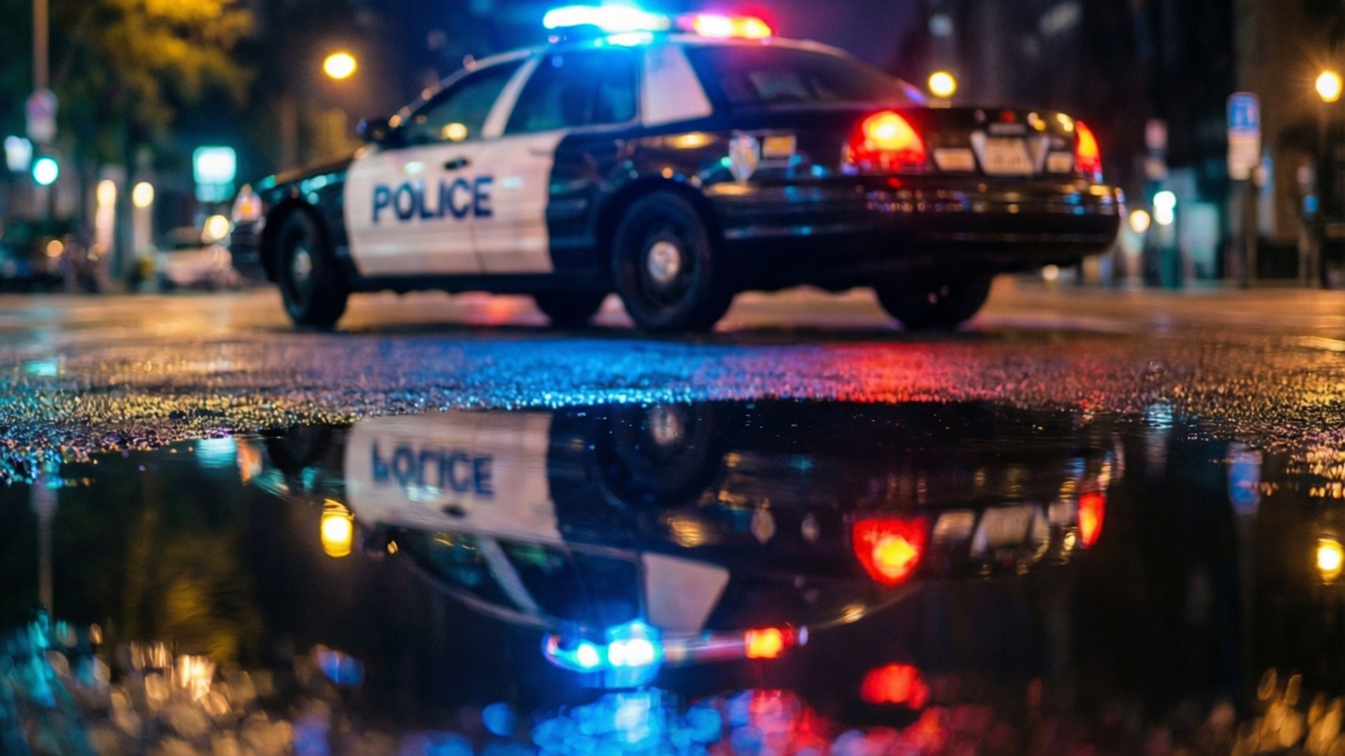 Puddle Reflection 壁紙 — 一輛警車閃爍的燈光在夜間濕漉漉的城市街道上的雨水坑中反射。