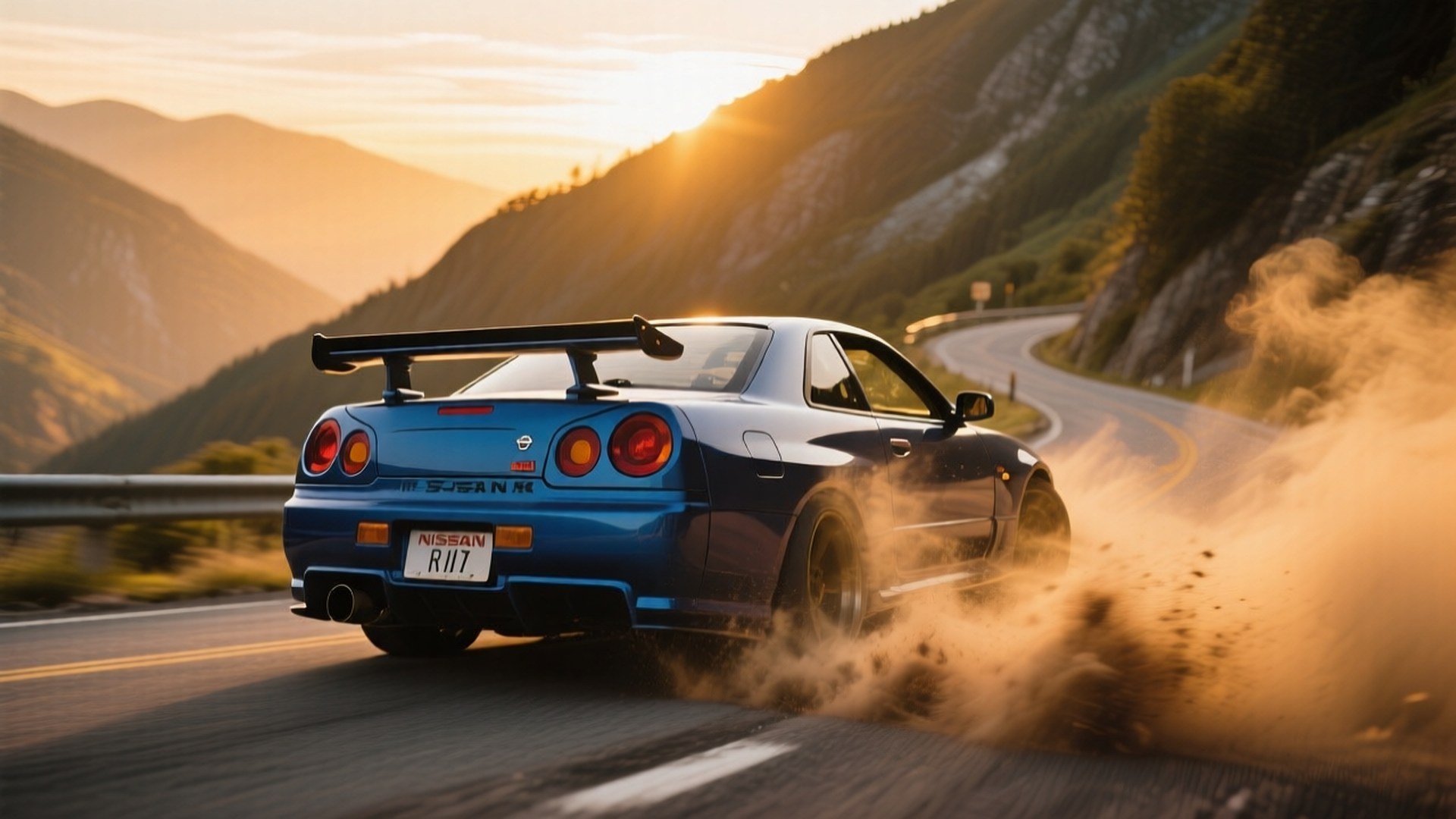 R33 Drift Sunset Mountain 壁紙 — 一輛藍色日產Skyline R34在山路上飄移，在日落時揚起灰塵。