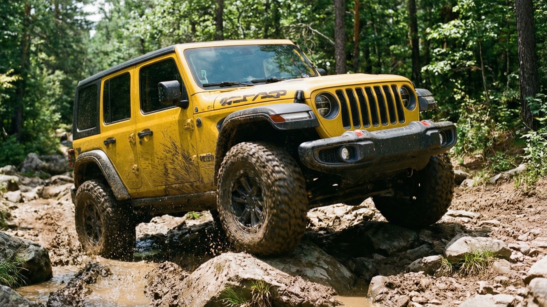 Yellow Jeep Off-Road 壁紙 — 一輛亮黃色的Jeep Wrangler Rubicon在茂密的綠色森林中濺起泥濘岩石上的水花。
