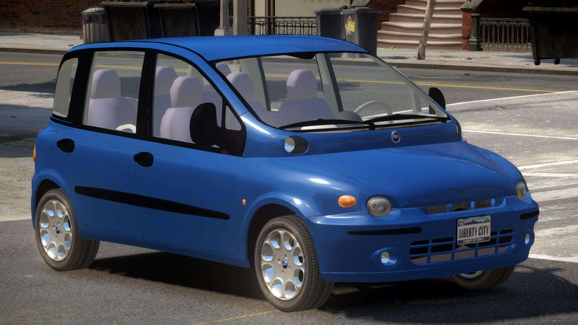Fiat Multipla 桌布 壁紙 — 一輛亮藍色緊湊型汽車，配備白色座椅，在晴朗的白天停放在城市街道上。