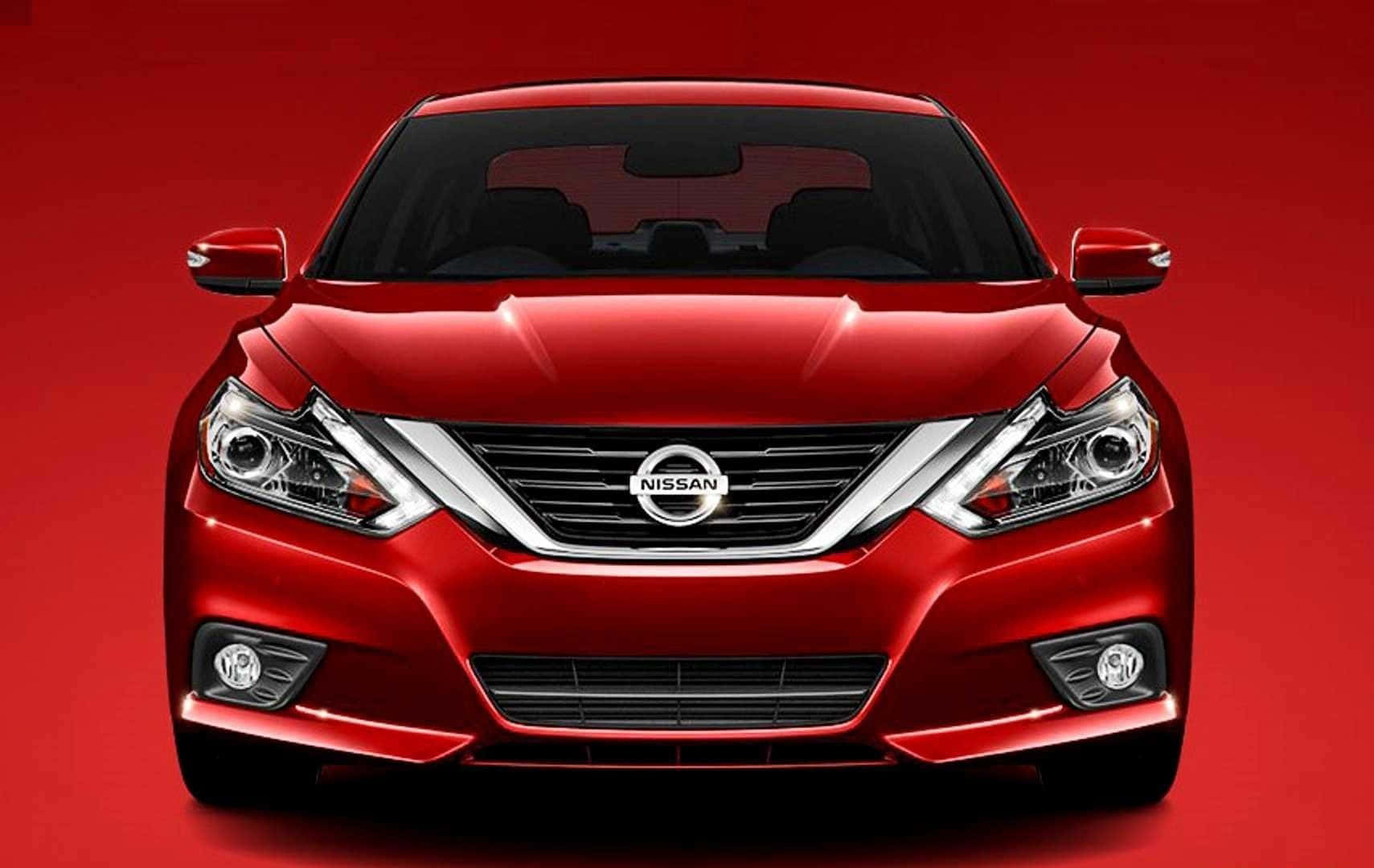 Nissan Altima 桌布 壁紙 — 一輛亮面紅色日產轎車正面朝前，在純紅色攝影棚背景上，光線銳利。