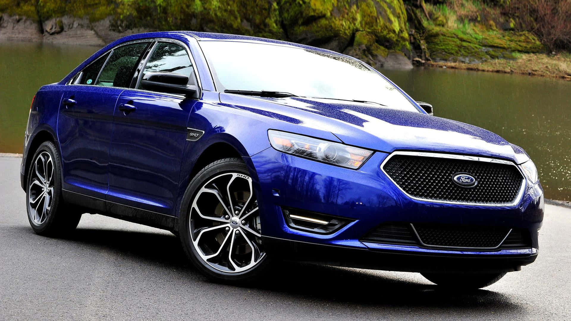 Ford Taurus 桌布 壁紙 — 一輛亮面藍色福特 Taurus 停在柏油路上，旁邊是長滿青苔的河岸，在日光下。