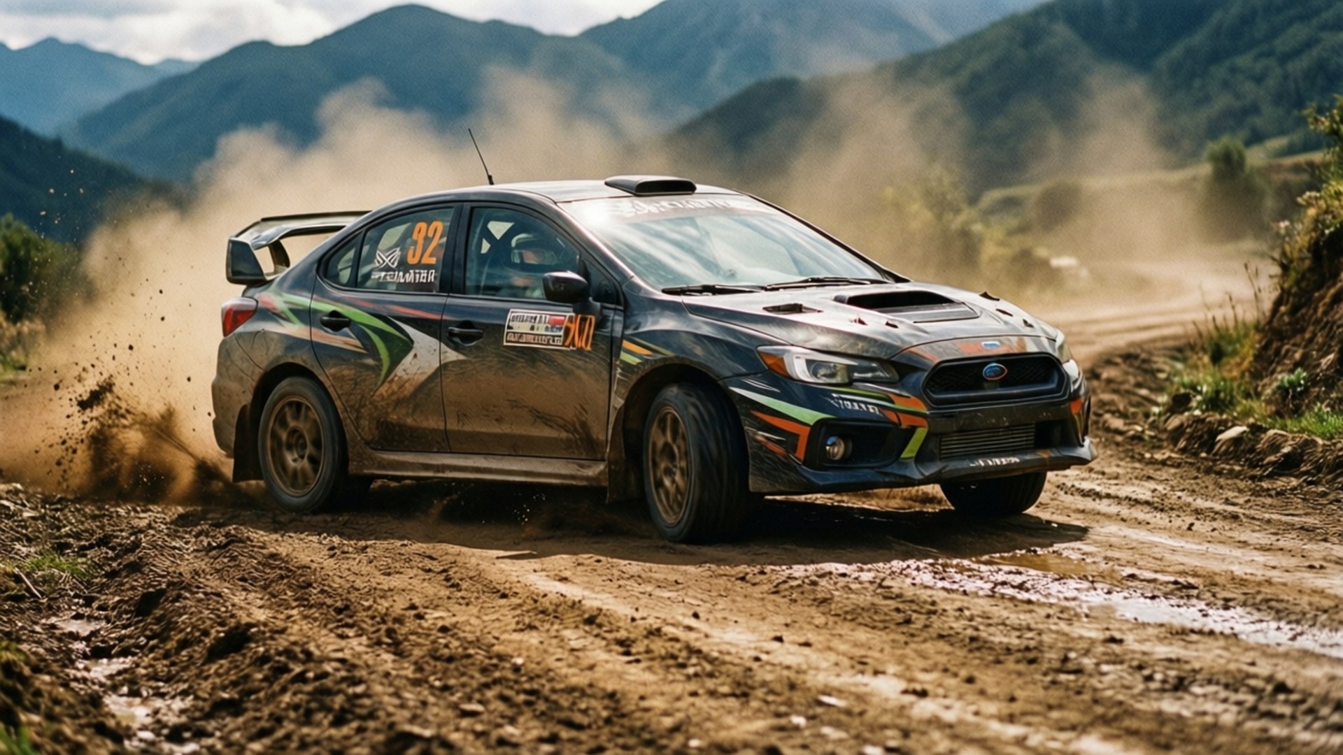 Dirt Track Drift 壁紙 — 一輛泥濘的拉力賽車（號碼32）在塵土飛揚的山路上疾馳，揚起泥土和水花。