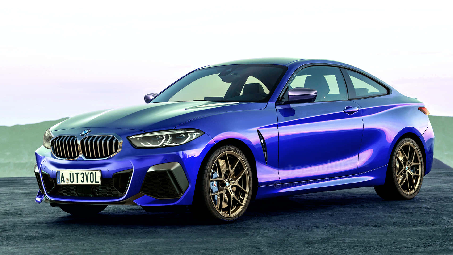 Bmw 2 Series 桌布 壁紙 — 一輛閃亮的藍色BMW M2雙門轎跑車在柔和日光下，在遠處有山丘的深色瀝青路上閃耀。