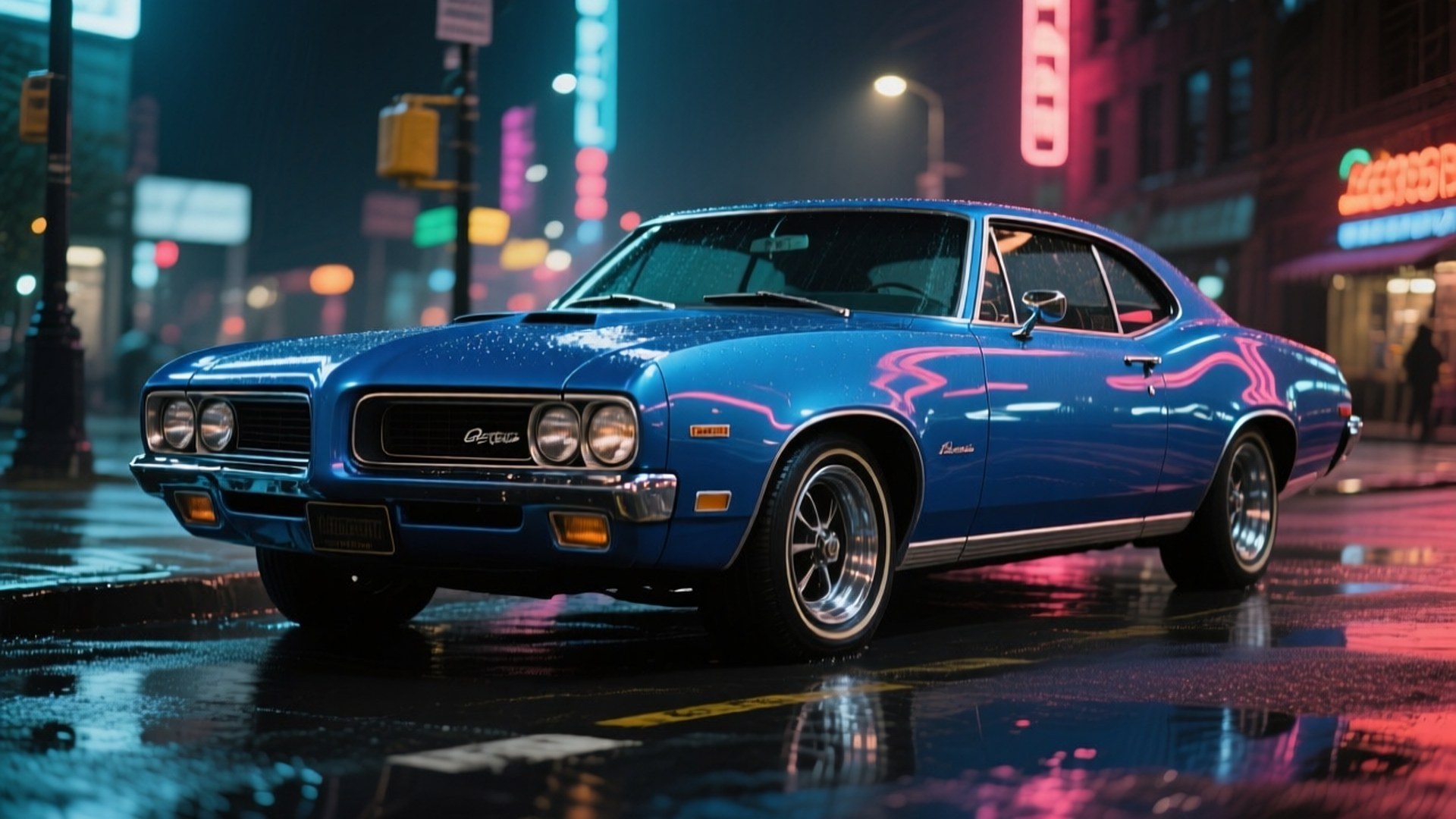 Neon Nights GTO 壁紙 — 一輛閃亮的藍色經典肌肉車在夜間濕漉漉的城市街道上，在霓虹燈下閃閃發光。
