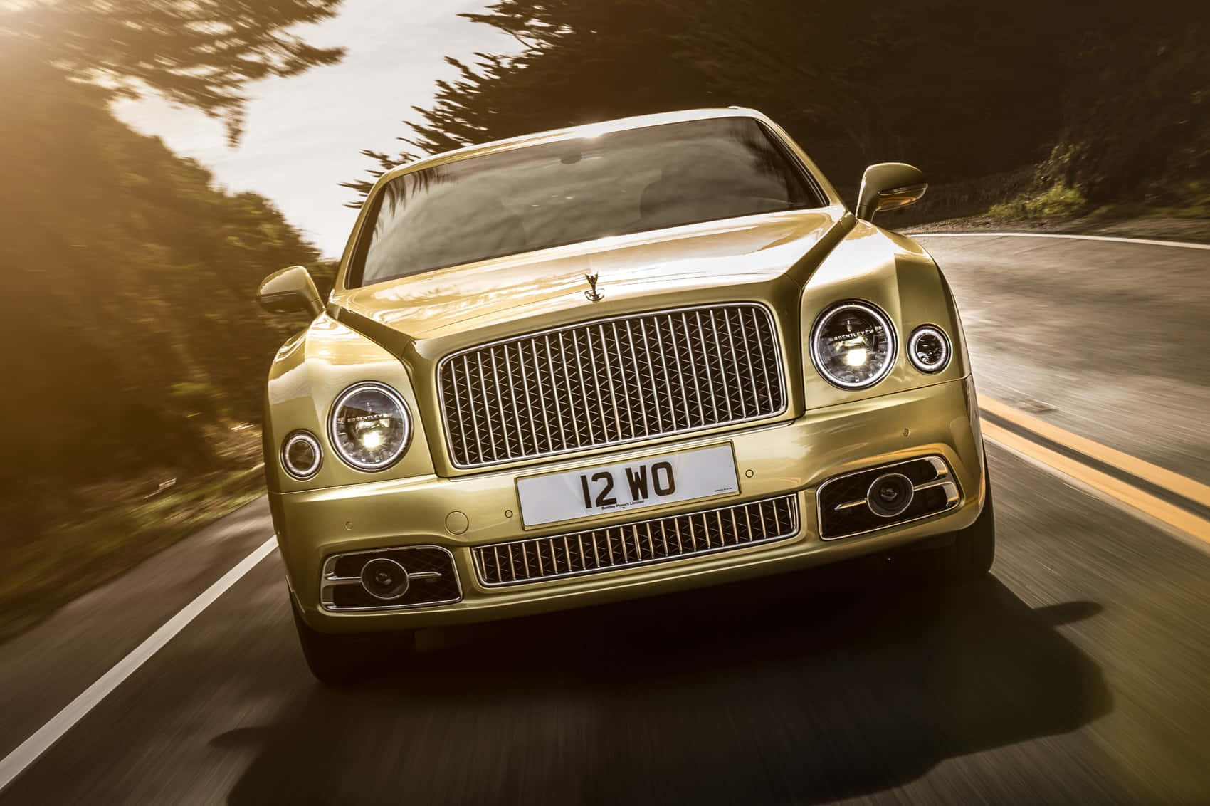 Bentley Mulsanne 桌布 壁紙 — 一輛閃閃發光的金色賓利 Mulsanne 在蜿蜒的森林道路上疾馳，沐浴在金色的陽光中。