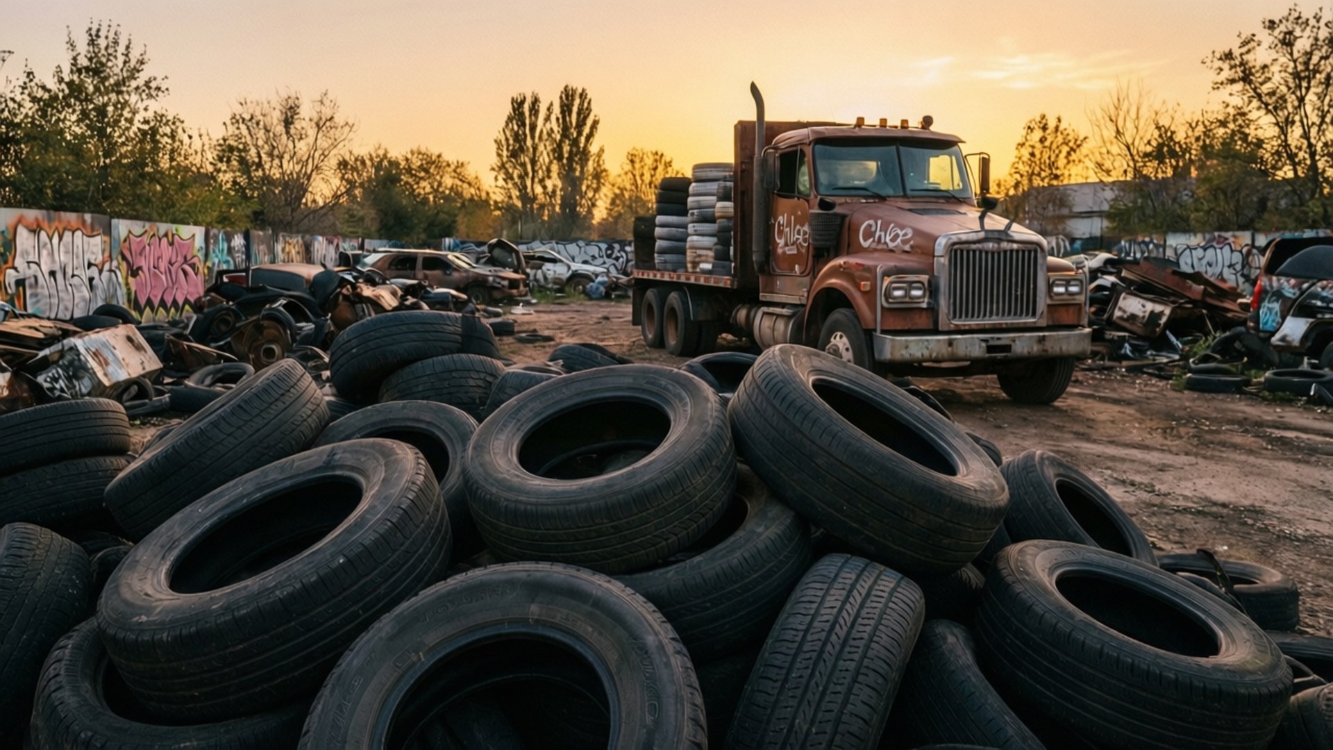 Junkyard Sunset 壁紙 — 一輛生鏽的棕色半掛卡車在日落時停放在一堆廢棄輪胎和壓碎的汽車之間。