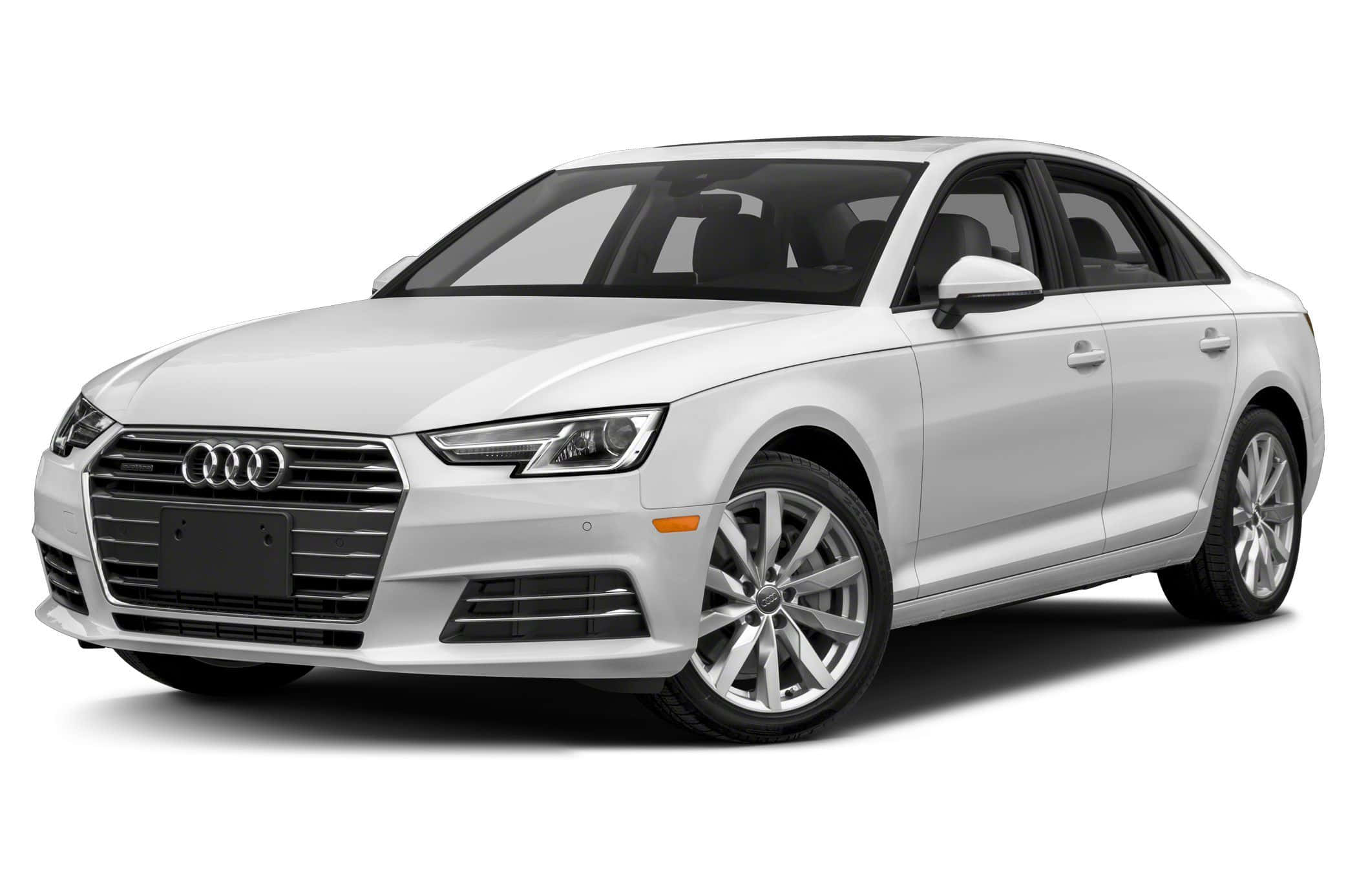 Audi A4 桌布 壁紙 — 一輛時尚的白色奧迪轎車，帶有鍍鉻飾邊和合金輪圈，在攝影棚燈光下以純白色背景展示。
