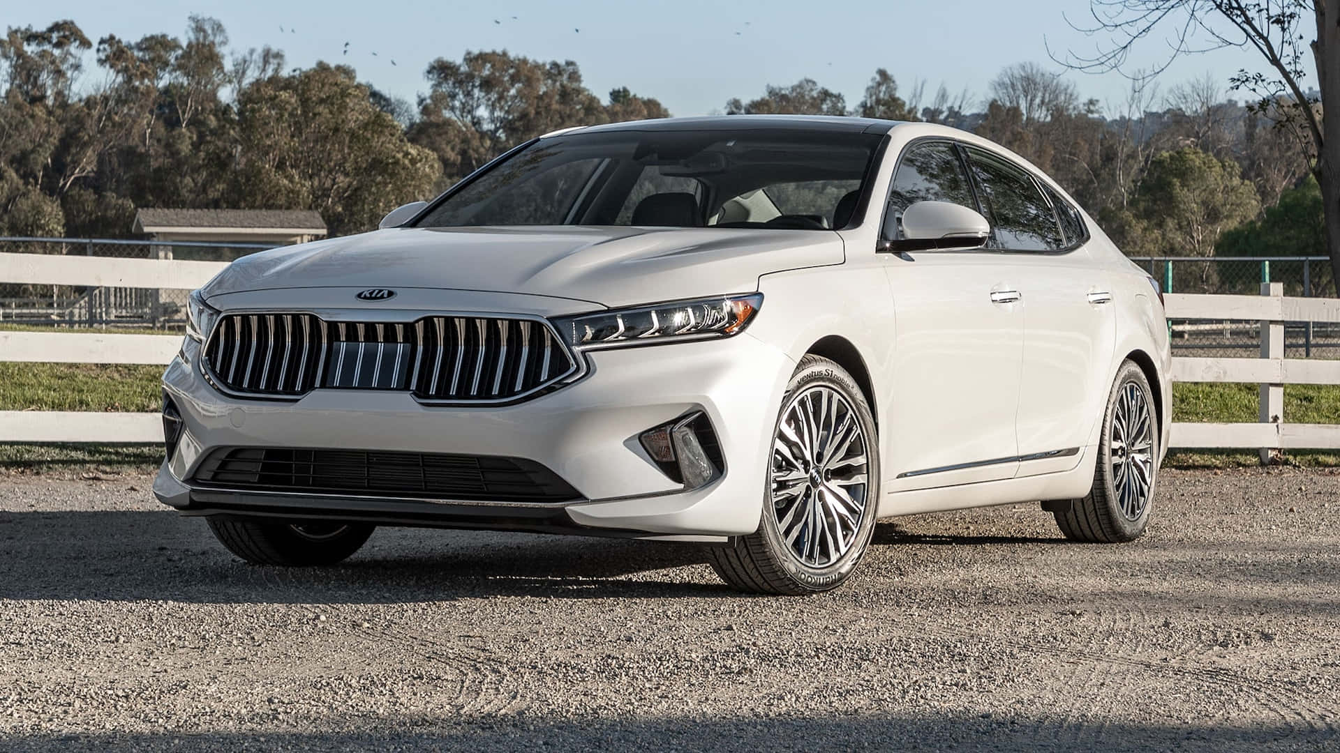 Kia Cadenza 桌布 壁紙 — 一輛時尚的白色Kia轎車停在碎石上，背景有白色圍欄和無葉樹木，天空清澈湛藍。