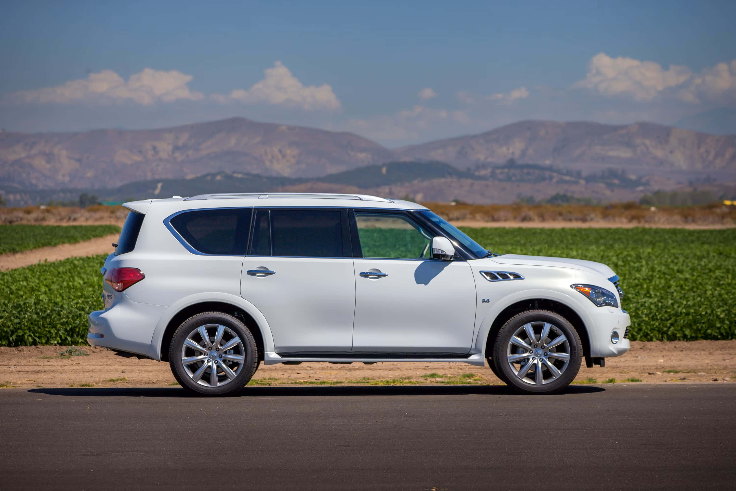 Infiniti Qx80 桌布 壁紙 — 一輛時尚的白色SUV停在柏油路上，周圍是綠色田野和遠處的山脈，天空多雲間藍。
