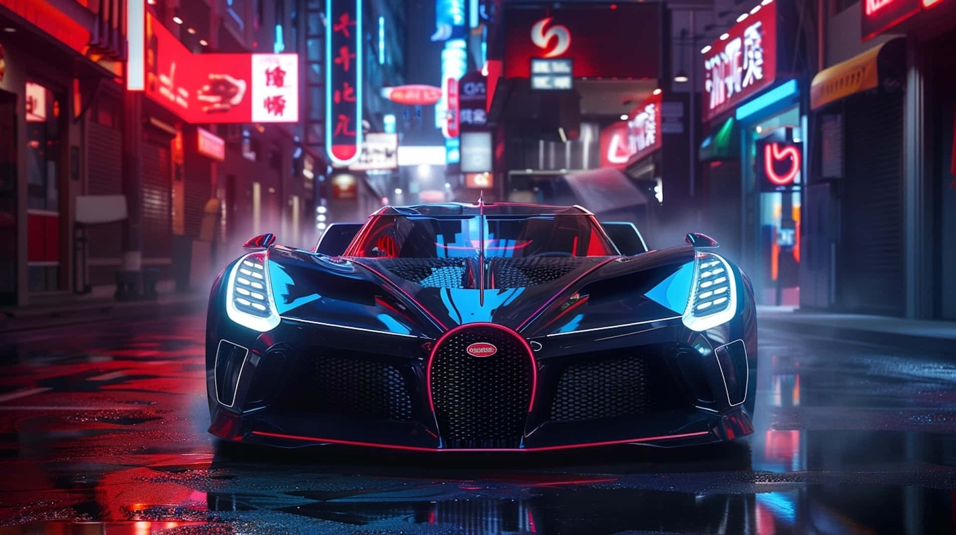 Bugatti Bolide 桌布 壁紙 — 一輛時尚的黑色 Bugatti 超跑在雨濕的未來城市街道上，在霓虹燈下閃閃發光。