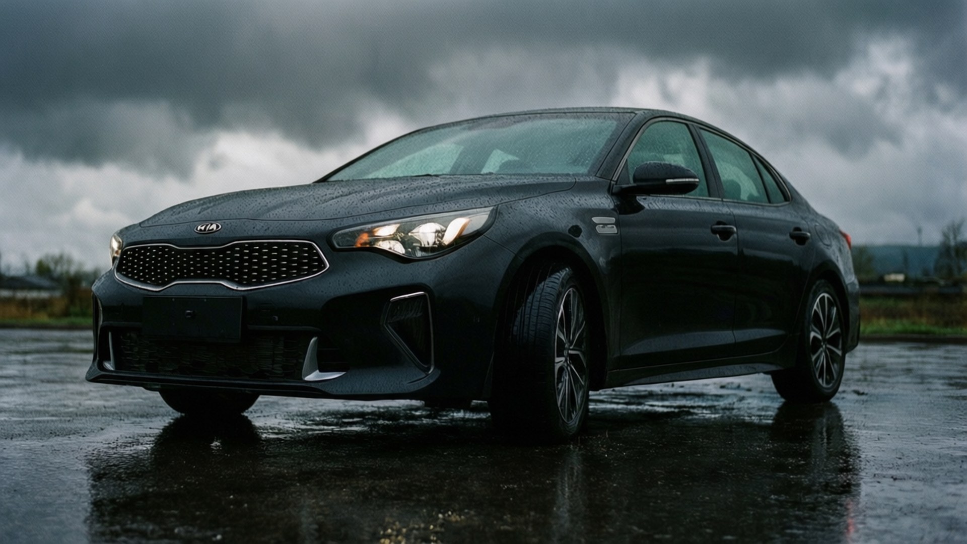 K5 Stormy Elegance 壁紙 — 一輛時尚的黑色Kia轎車在暴風雨的天空下閃閃發光，車頭燈亮起，倒影在濕漉漉的路面上閃爍。
