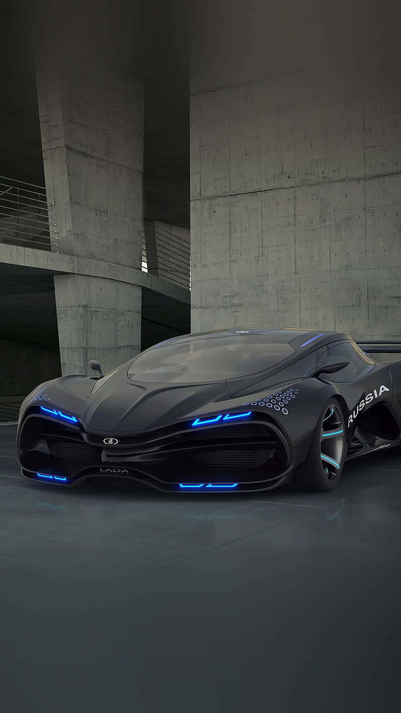 黑色未來感Lada概念車，在混凝土車庫中帶有藍色燈光。 — 超跑 壁紙