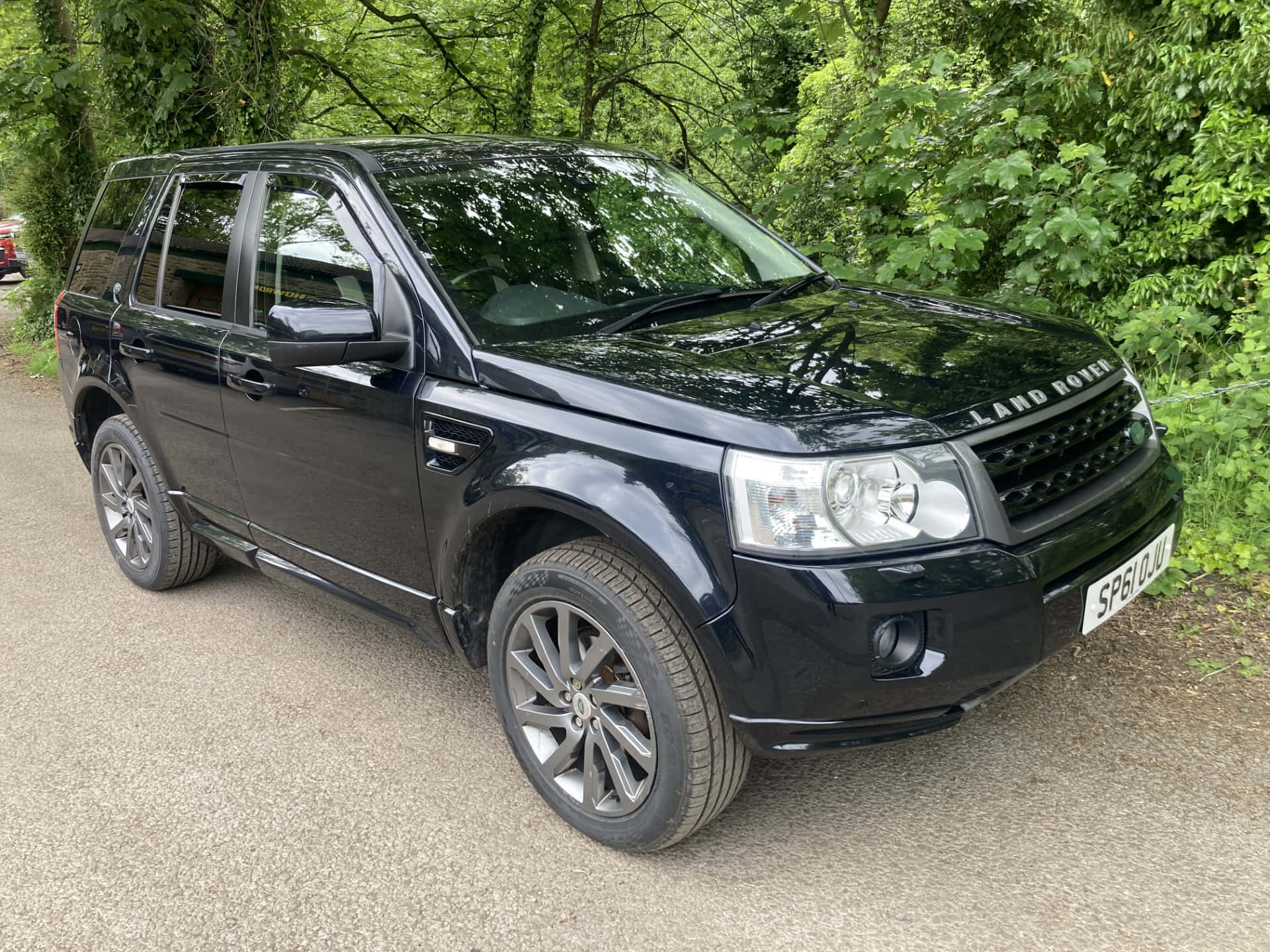 Land Rover Freelander 桌布 壁紙 — 一輛時尚的黑色 Land Rover Freelander 停在碎石路上，周圍是茂密的綠色樹葉。
