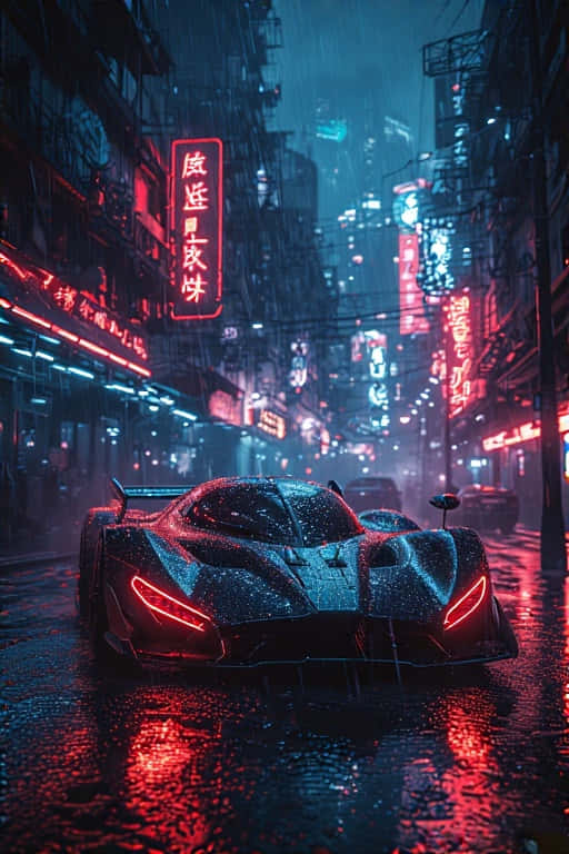黑色跑車帶紅燈在濕霓虹街夜晚 — 4K 壁紙