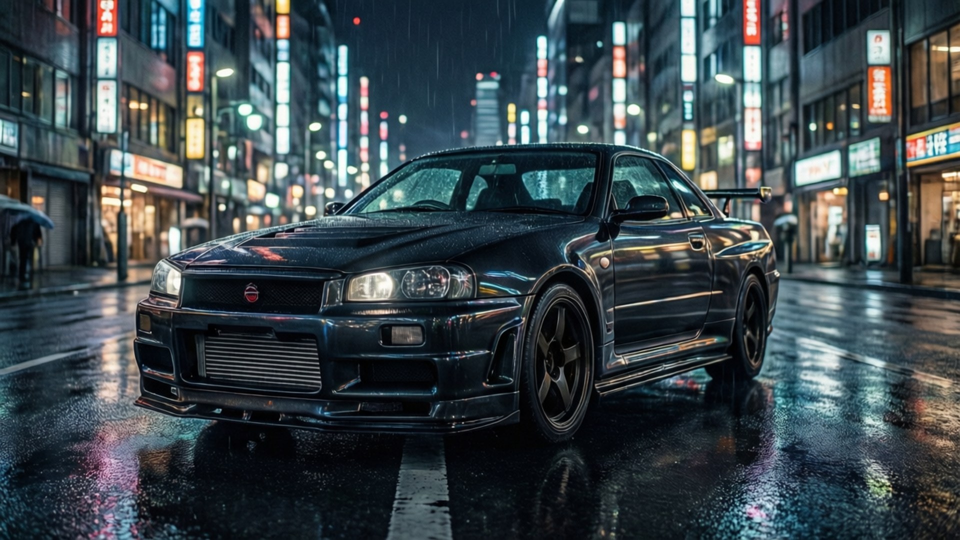 黑色日產Skyline GT-R在夜間霓虹燈下停放在潮濕的城市街道上 — Jdm 壁紙