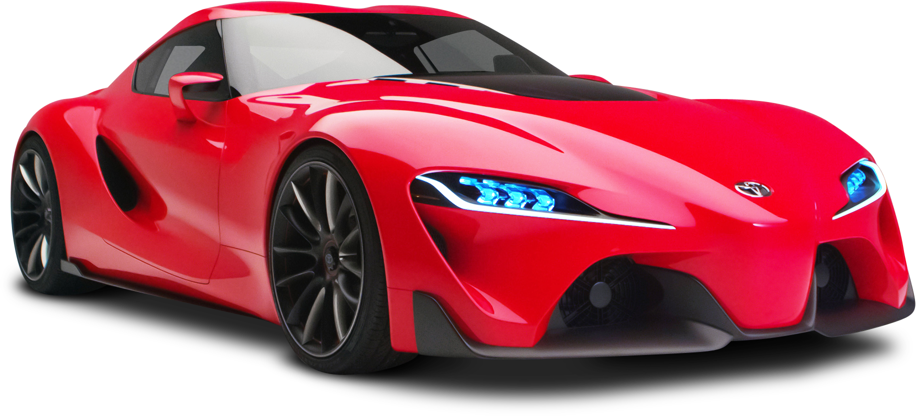 黑色背景上帶有藍色車頭燈的紅色未來感跑車 — Toyota Supra 壁紙