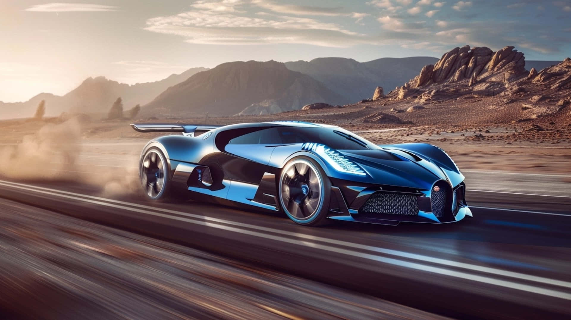 Bugatti Bolide 桌布 壁紙 — 一輛時尚的藍色超跑在沙漠公路上疾馳，揚起塵土，背景是金色夕陽下的岩石山脈。