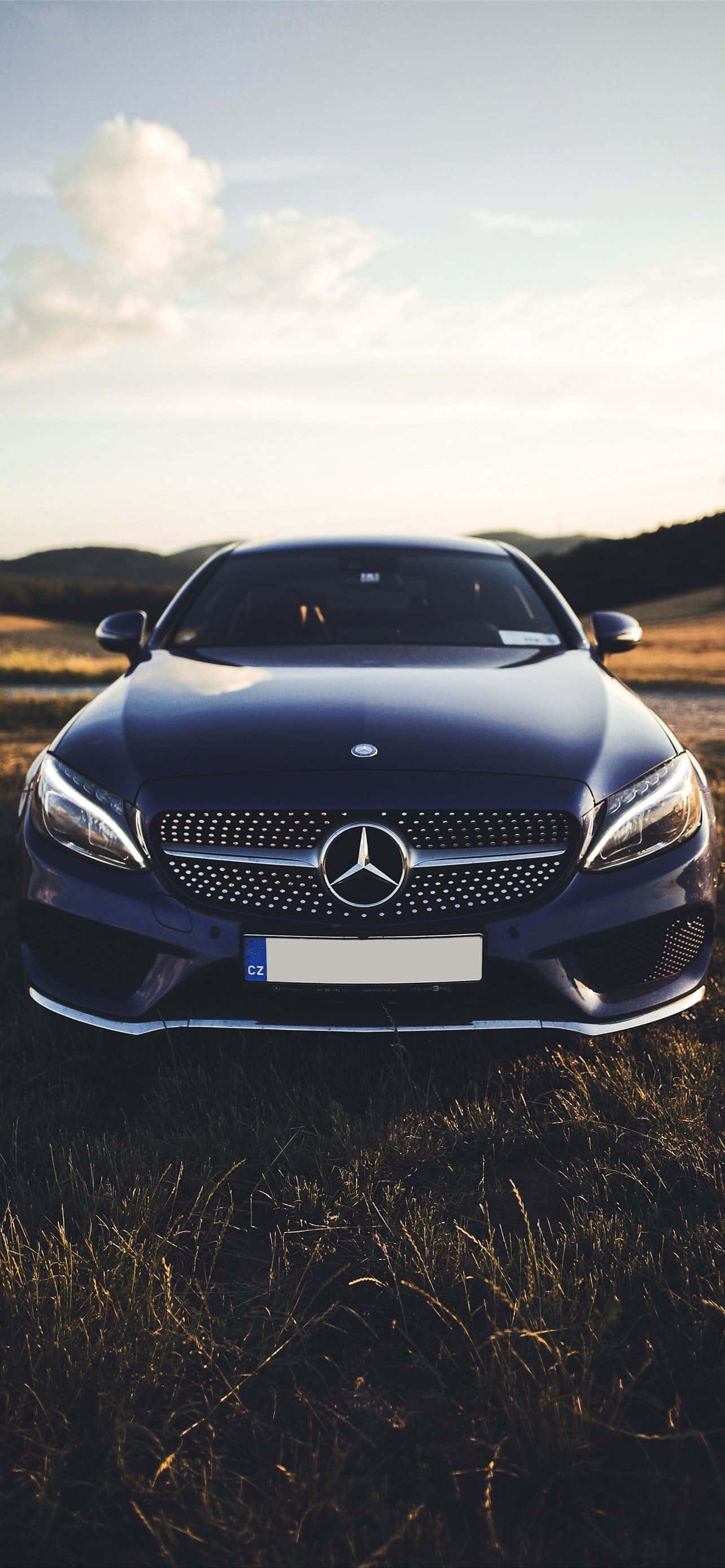 Mercedes Benz Sl-class 桌布 壁紙 — 一輛時尚的深藍色賓士轎車停在柔和的金色日落天空下的高草叢中。