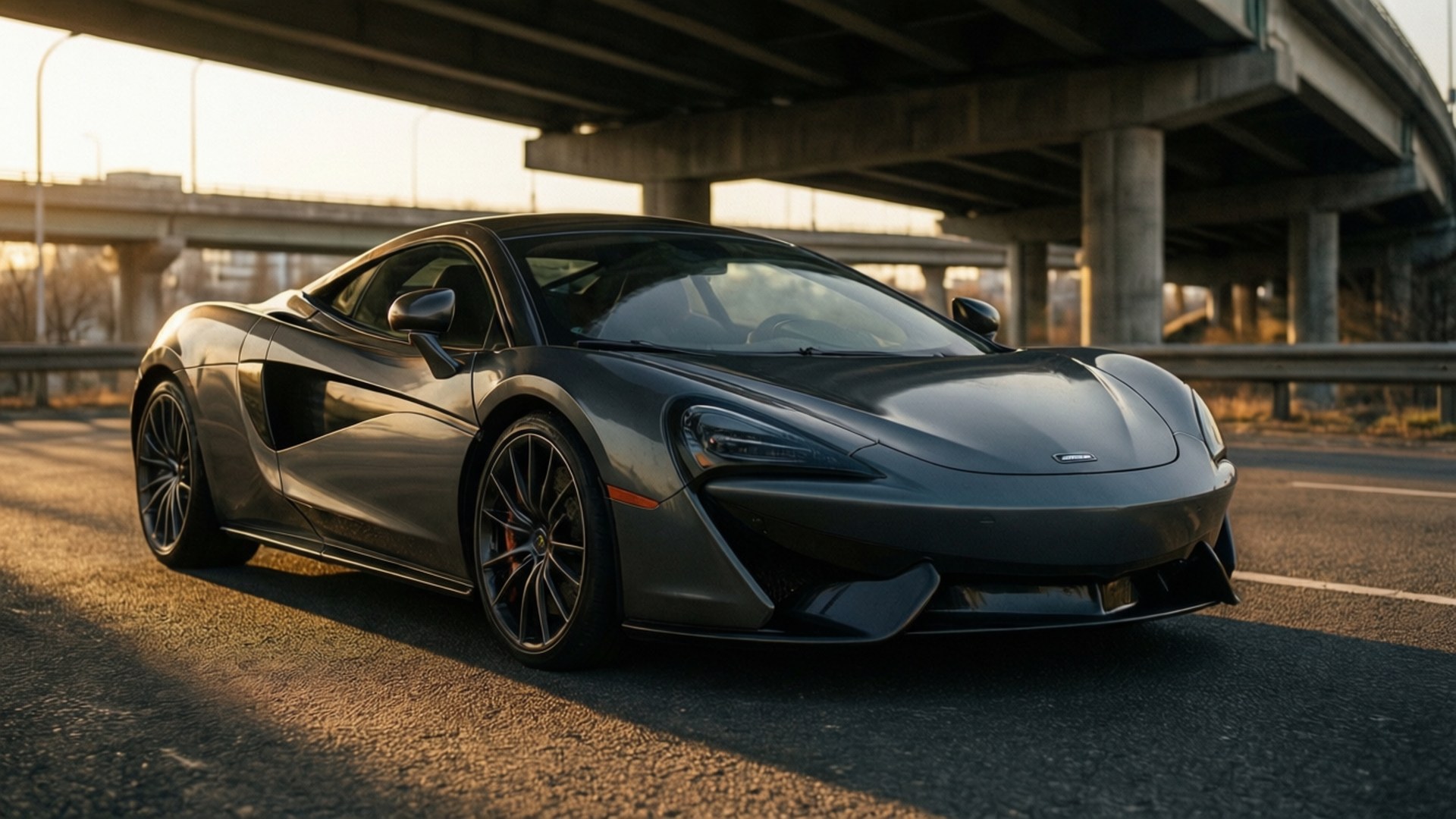Mclaren 570gt 桌布 壁紙 — 一輛時尚的啞光黑色跑車停泊在混凝土天橋下，沐浴在黃金時段的光線中。