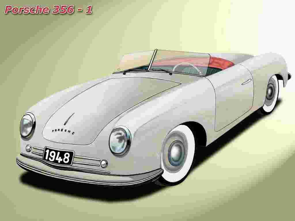 Porsche 356 桌布 壁紙 — 一輛時尚的銀色1948年保時捷356敞篷車，配備白色輪胎和紅色內飾，以柔和綠色漸變背景插圖呈現。
