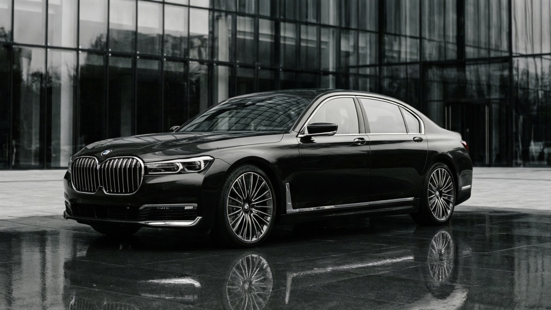 Reflections of Luxury 壁紙 — 一輛時尚黑色BMW豪華轎車在現代玻璃建築前的濕瀝青路面上反射。