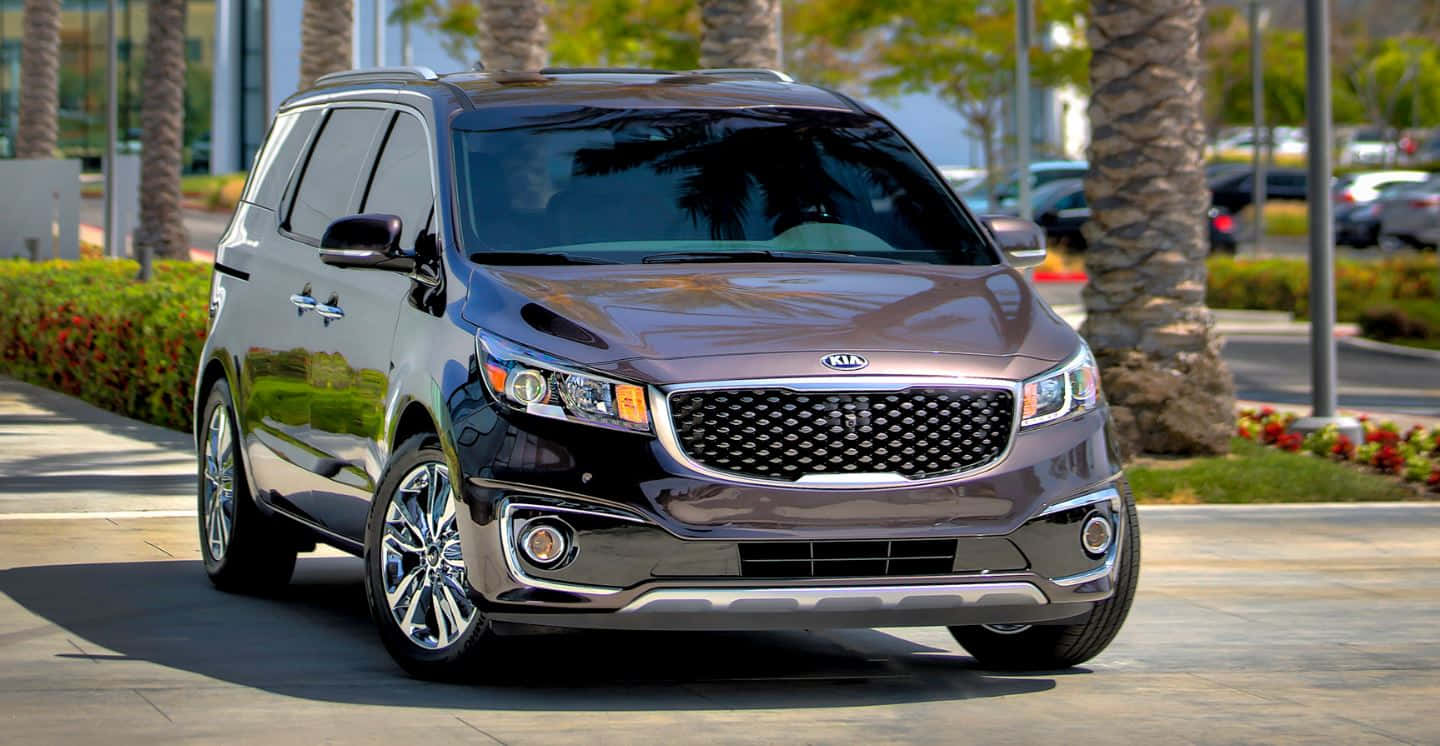 Kia Sedona 桌布 壁紙 — 一輛時尚金屬棕色Kia小型貨車停在棕櫚樹成蔭的城市人行道上，在明亮的日光下。