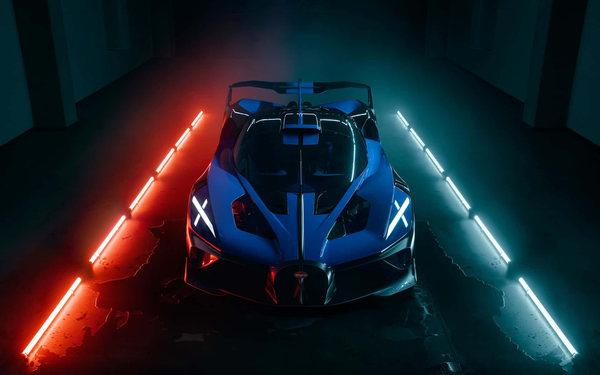 Bugatti Bolide 桌布 壁紙 — 一輛未來主義的藍色超級跑車在黑暗的工業環境中，在戲劇性的紅色和青色霓虹燈下正面朝前。