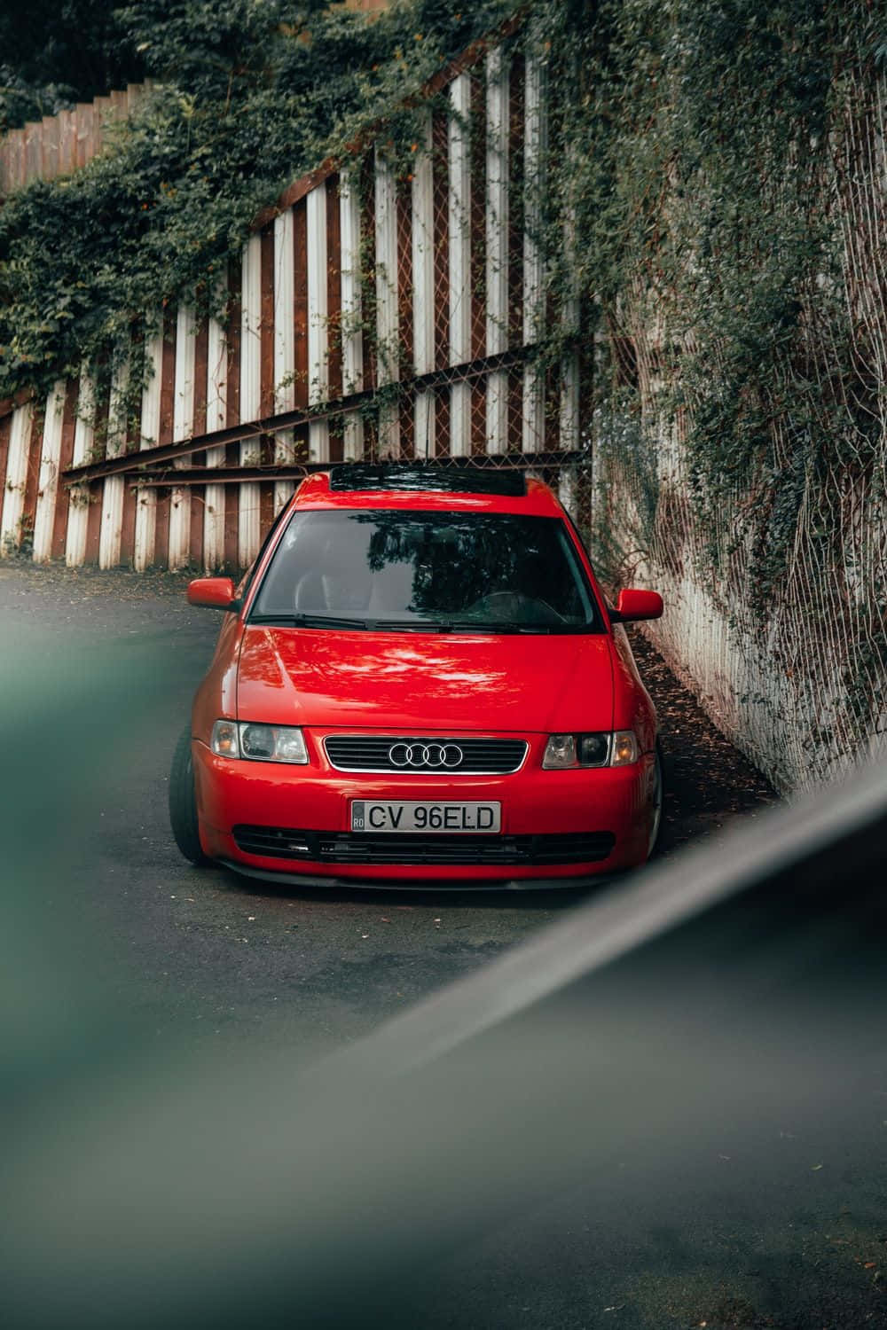 Audi S3 桌布 壁紙 — 一輛鮮紅色的奧迪停在一條狹窄的街道上，旁邊是佈滿常春藤的破舊木柵欄。